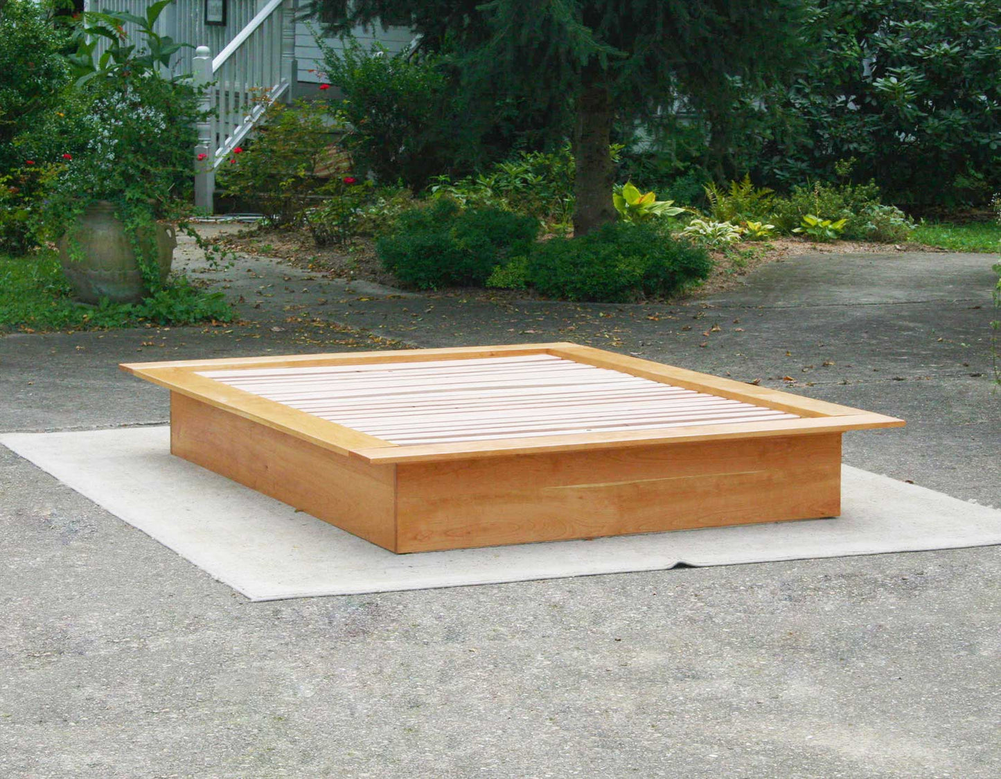 Low Platform Bed with no headboard and wide platform extensions
