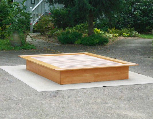 Low Platform Bed with no headboard and wide platform extensions