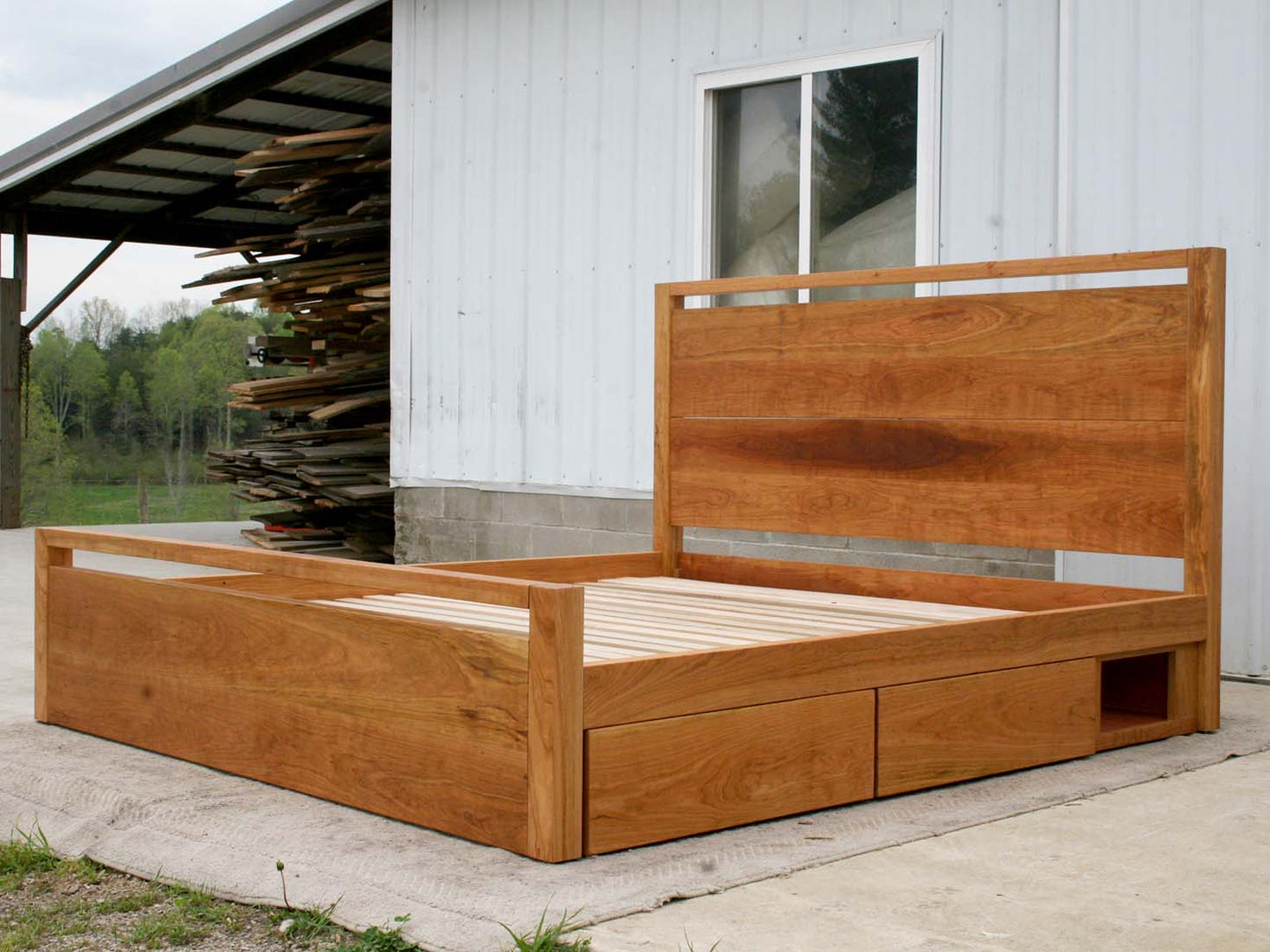 Platform Bed with 4 drawers and square posts angled view