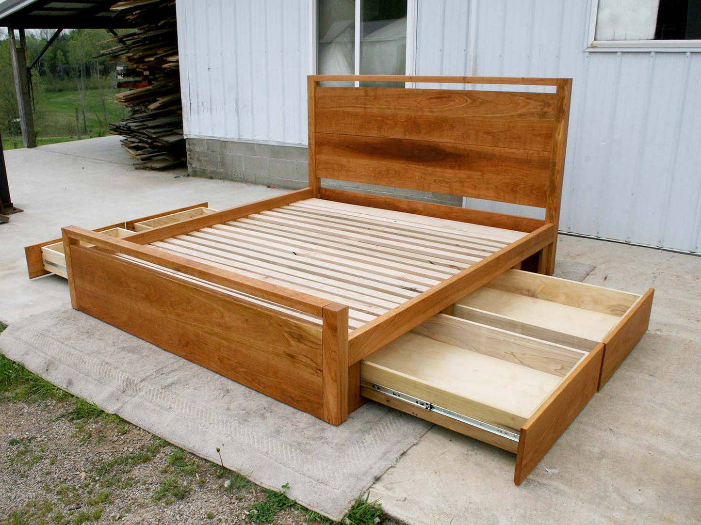 angled view drawers open Platform Bed with 4 drawers and square posts