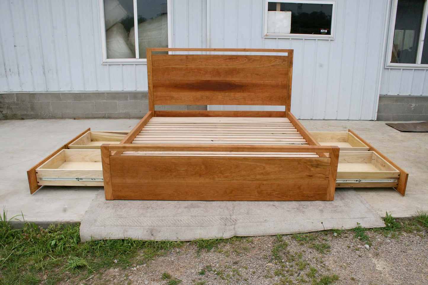 front view Platform Bed with 4 drawers and square posts drawers open