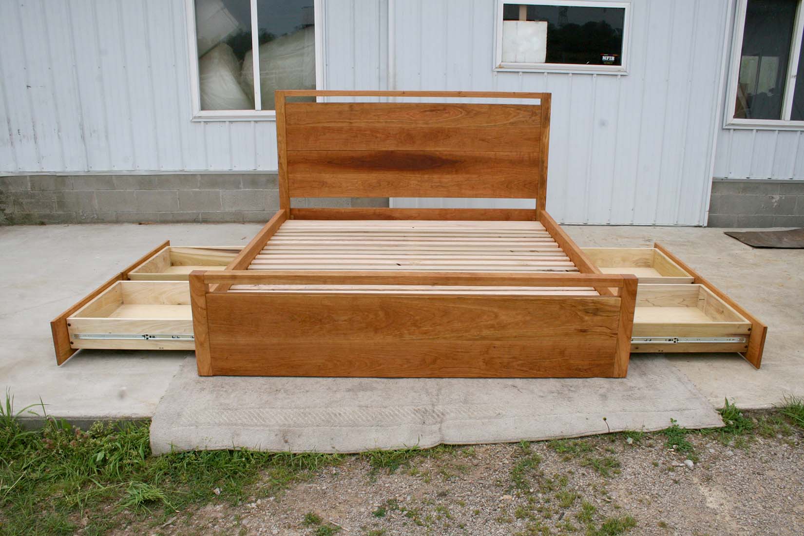 front view Platform Bed with 4 drawers and square posts drawers open