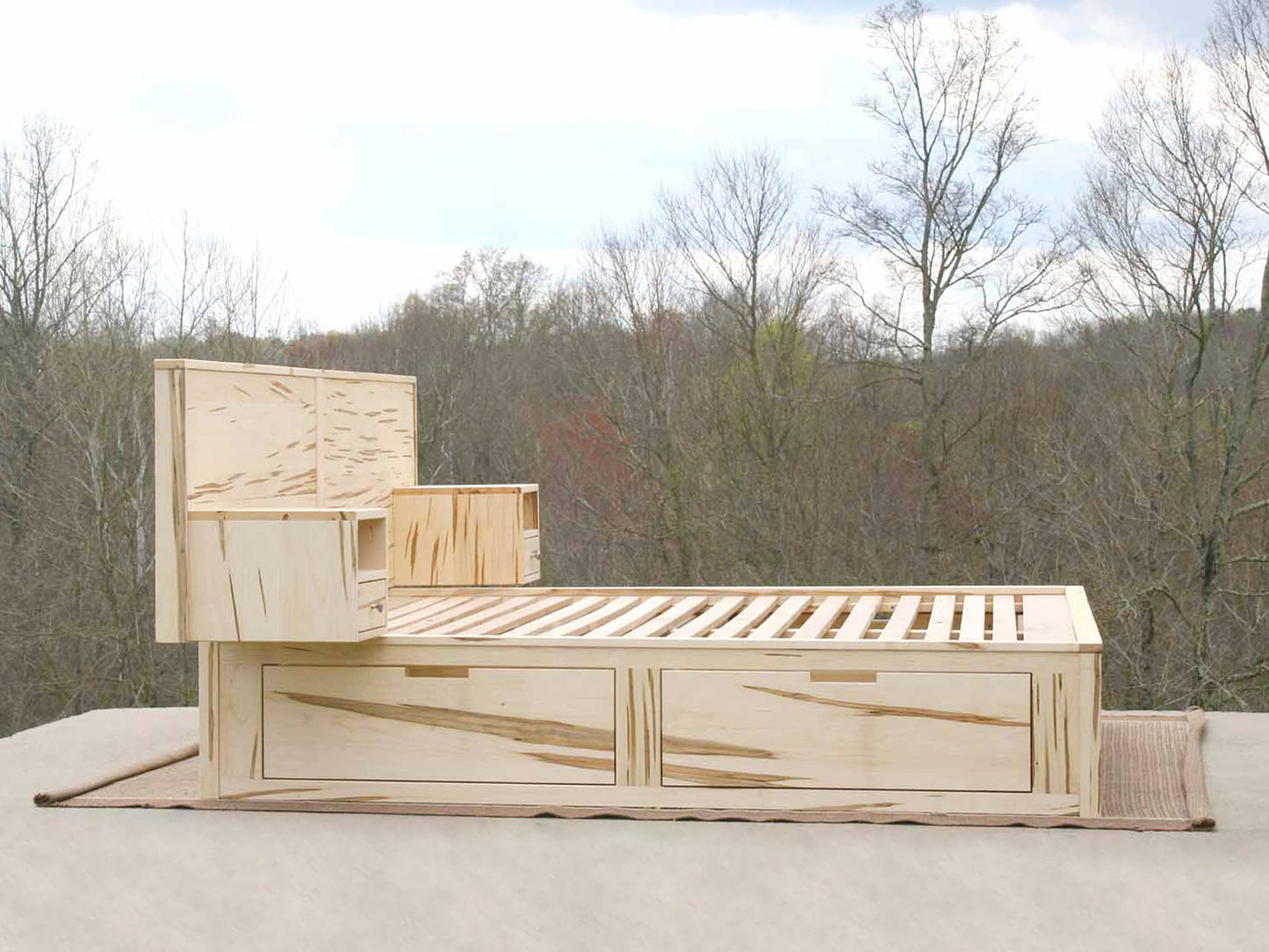 side view Platform Bed with 4 drawers, wide headboard and built-in side tables