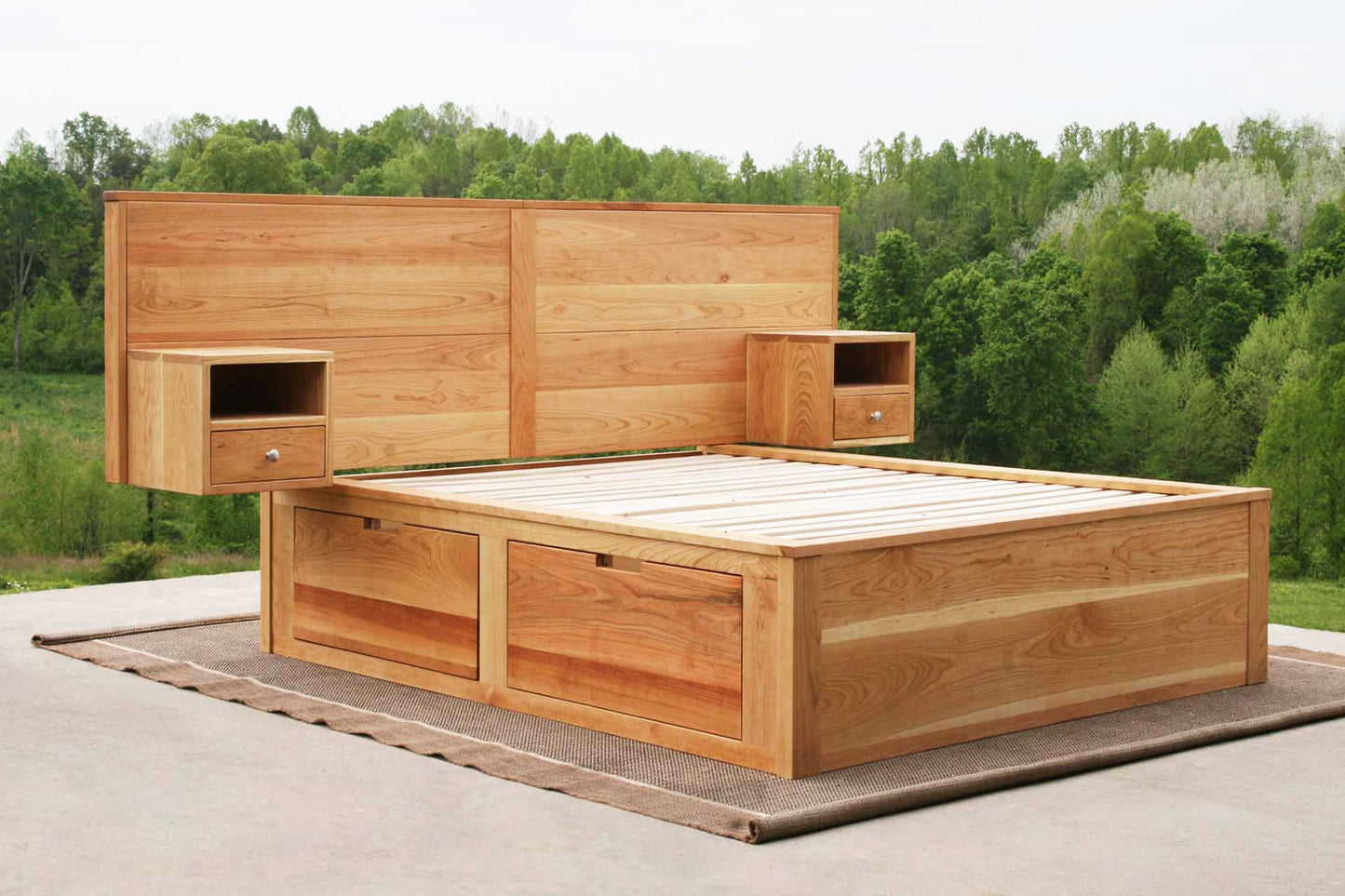 solid Platform Bed with 4 drawers, wide headboard and built-in side tables angled view