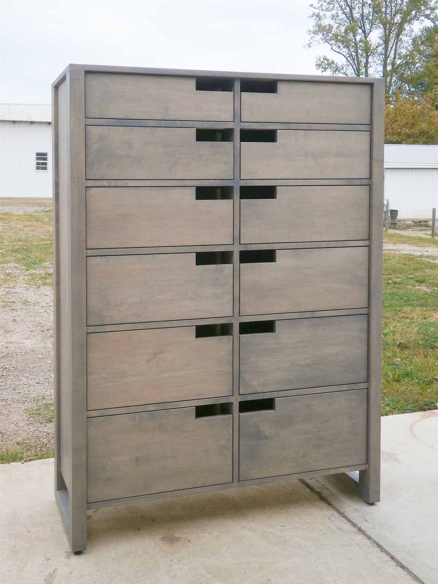 angle view gray hardwood dresser