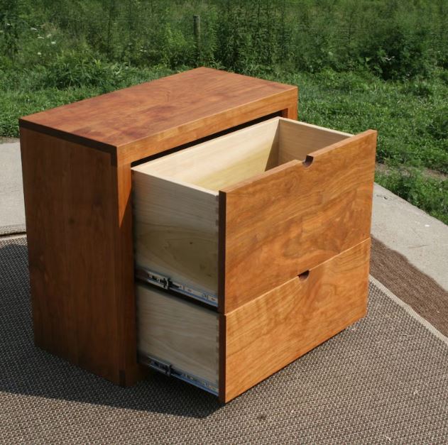 drawers open bedside table natural hardwood angled view