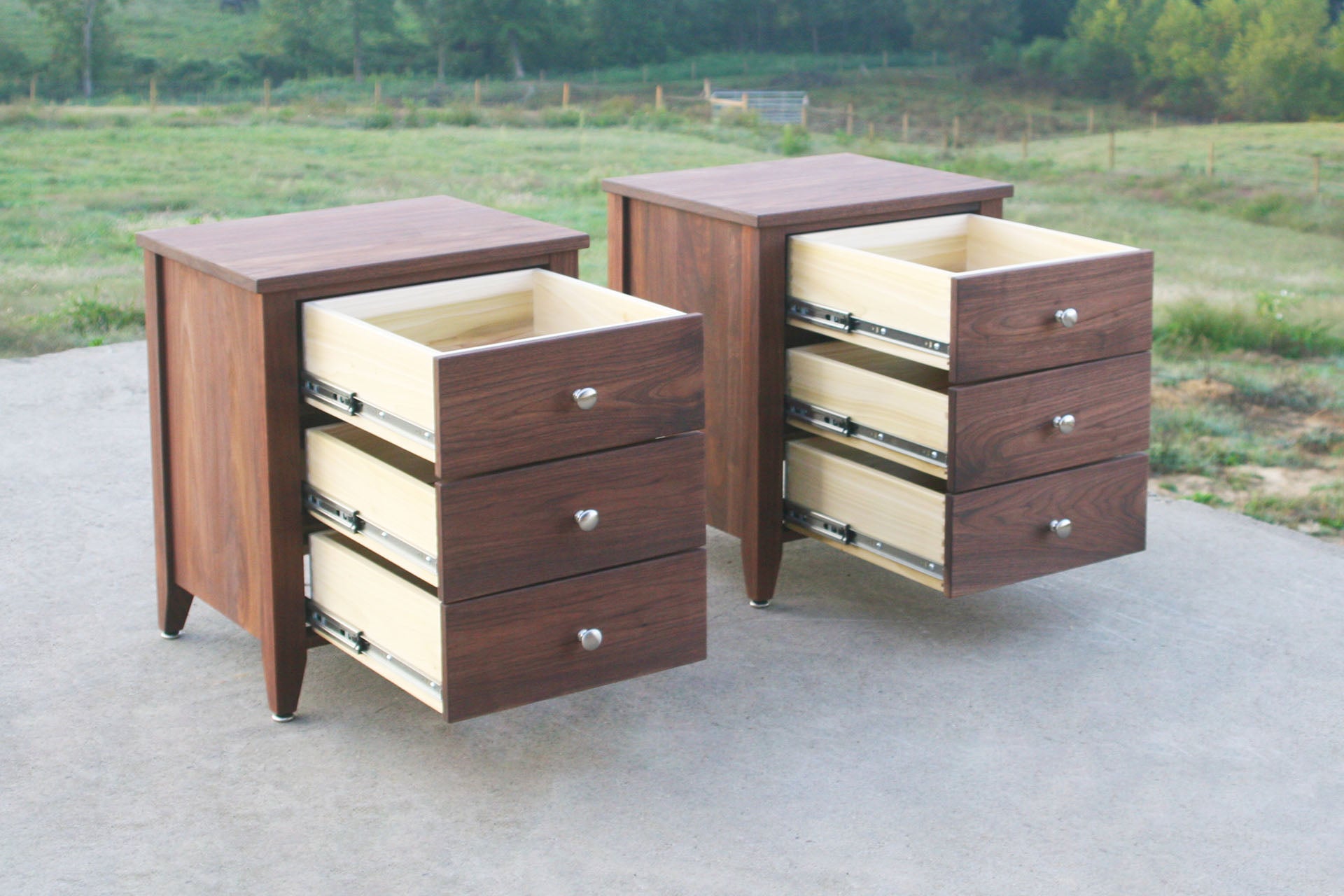 night stands in solid hardwood with three drawers open