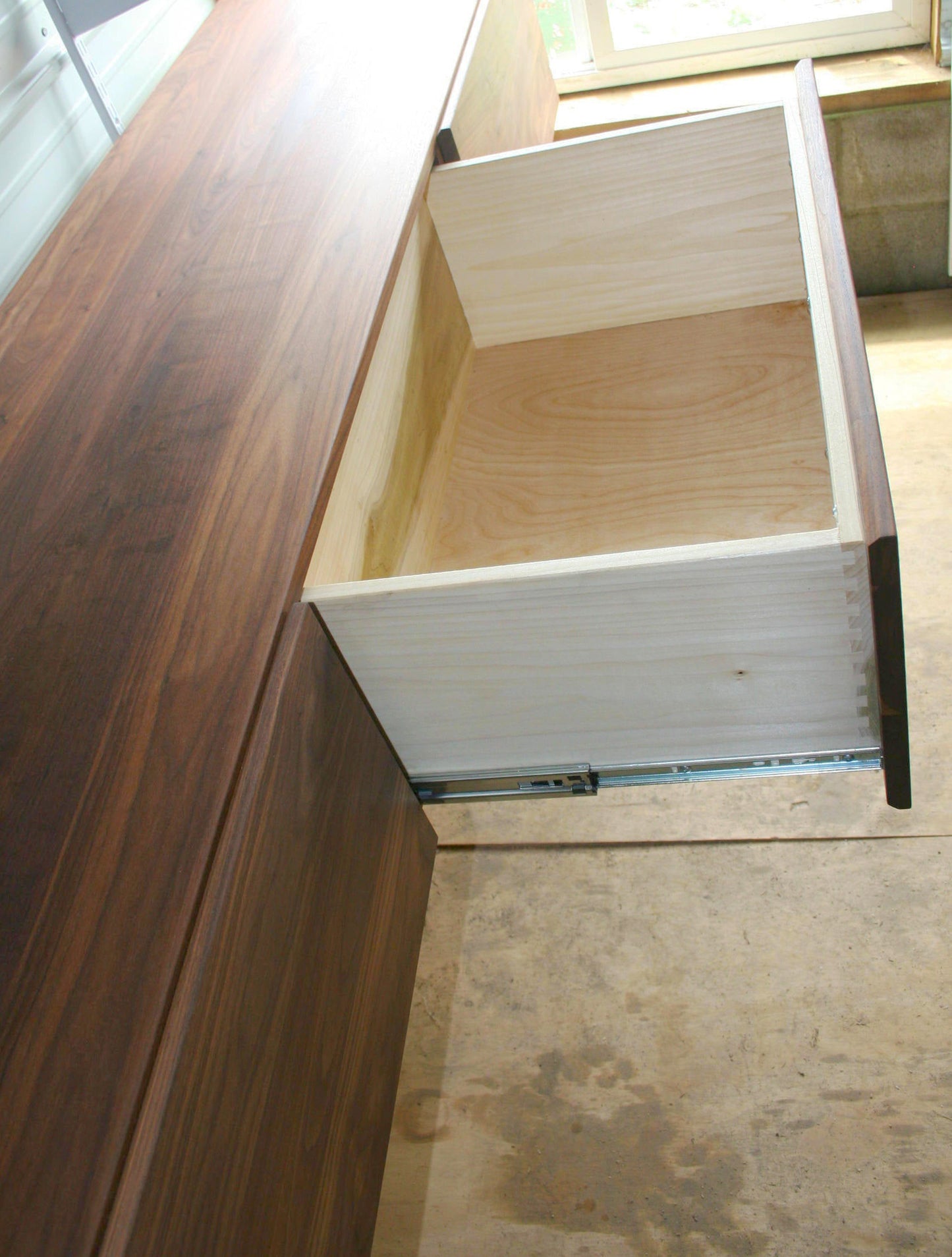 three drawer wide hardwood furniture draw open close up