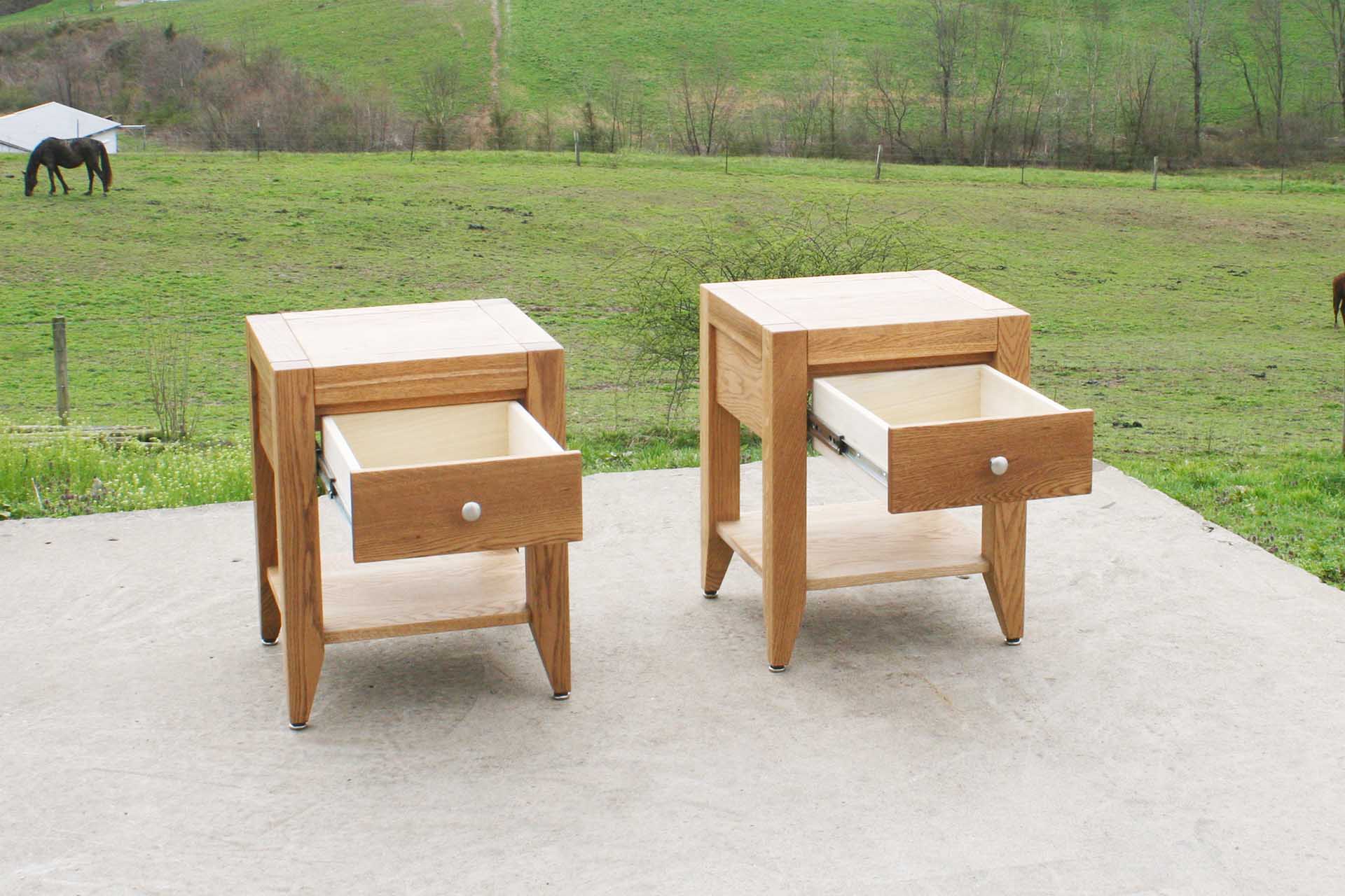 drawers open Bedside Table with 1 inset drawer and 1 shelf front angled view