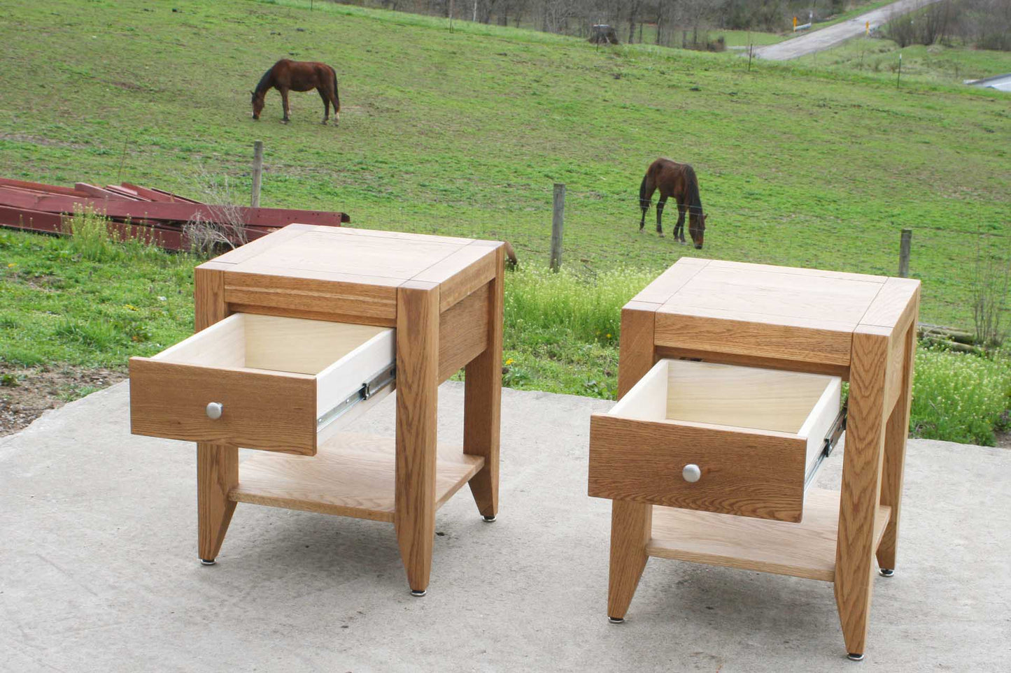 Bedside Tables with 1 inset drawer and 1 shelf and drawers open