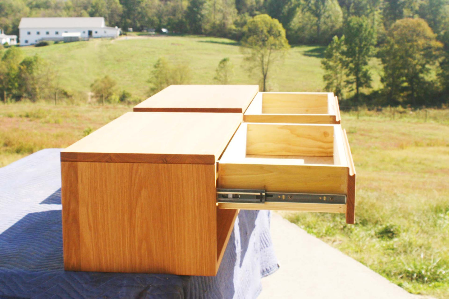 side view drawers open natural Hanging side table