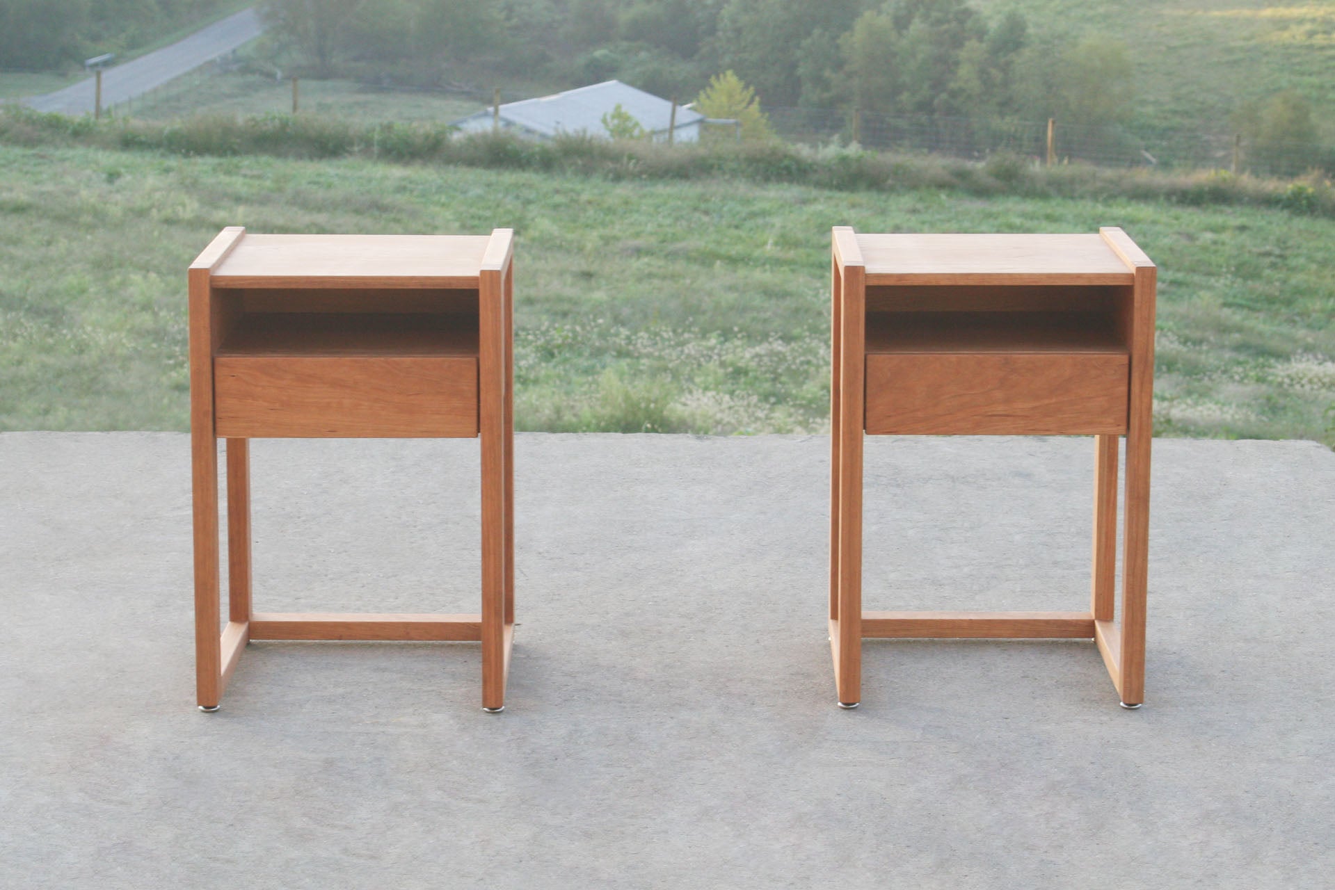 nightstand in solid hardwood with shelves and drawers front view