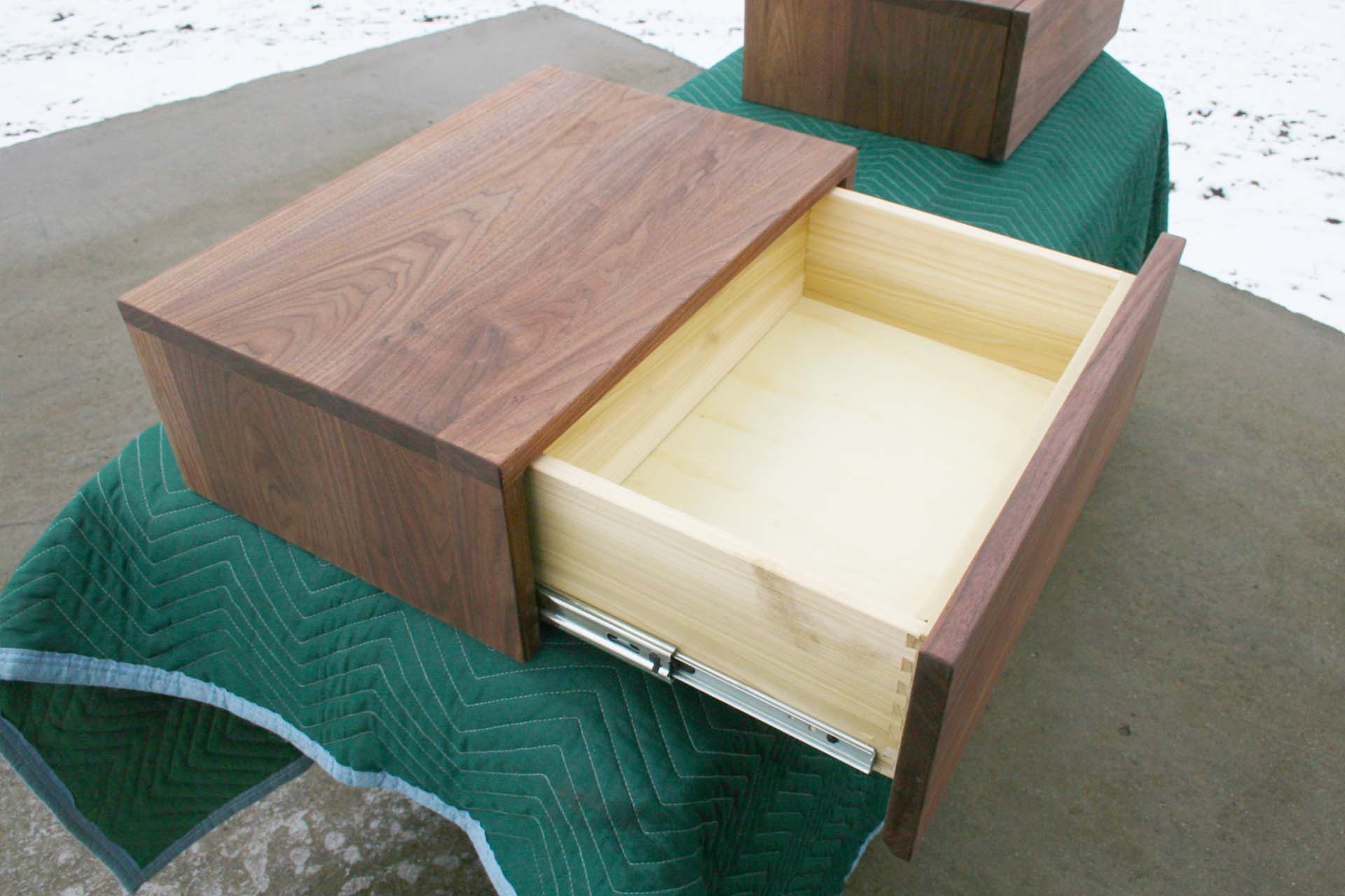 hardwood floating nightstand drawer open walnut