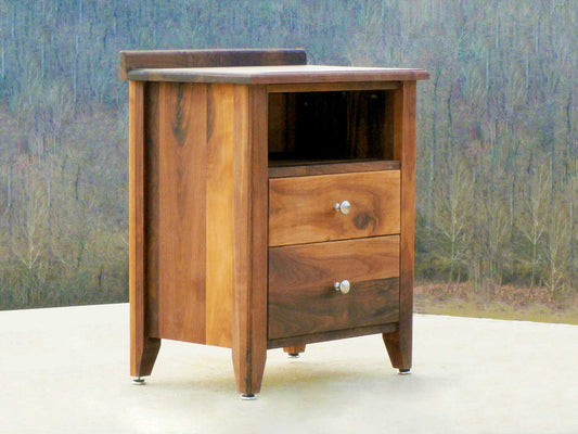 Nightstand with 2 inset drawers and 1 shelf side view