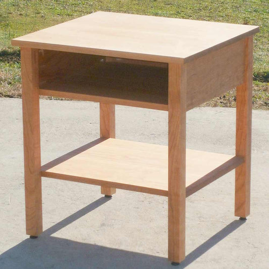 angled view hardwood nightstand with storage space