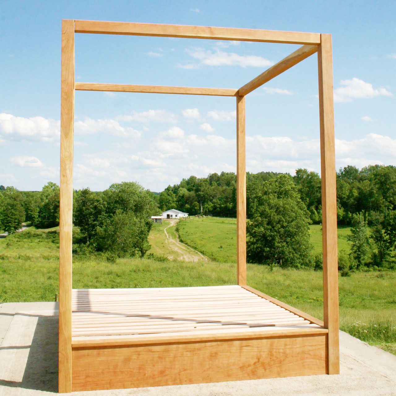 front view Low Canopy Bed with low platform and large rails