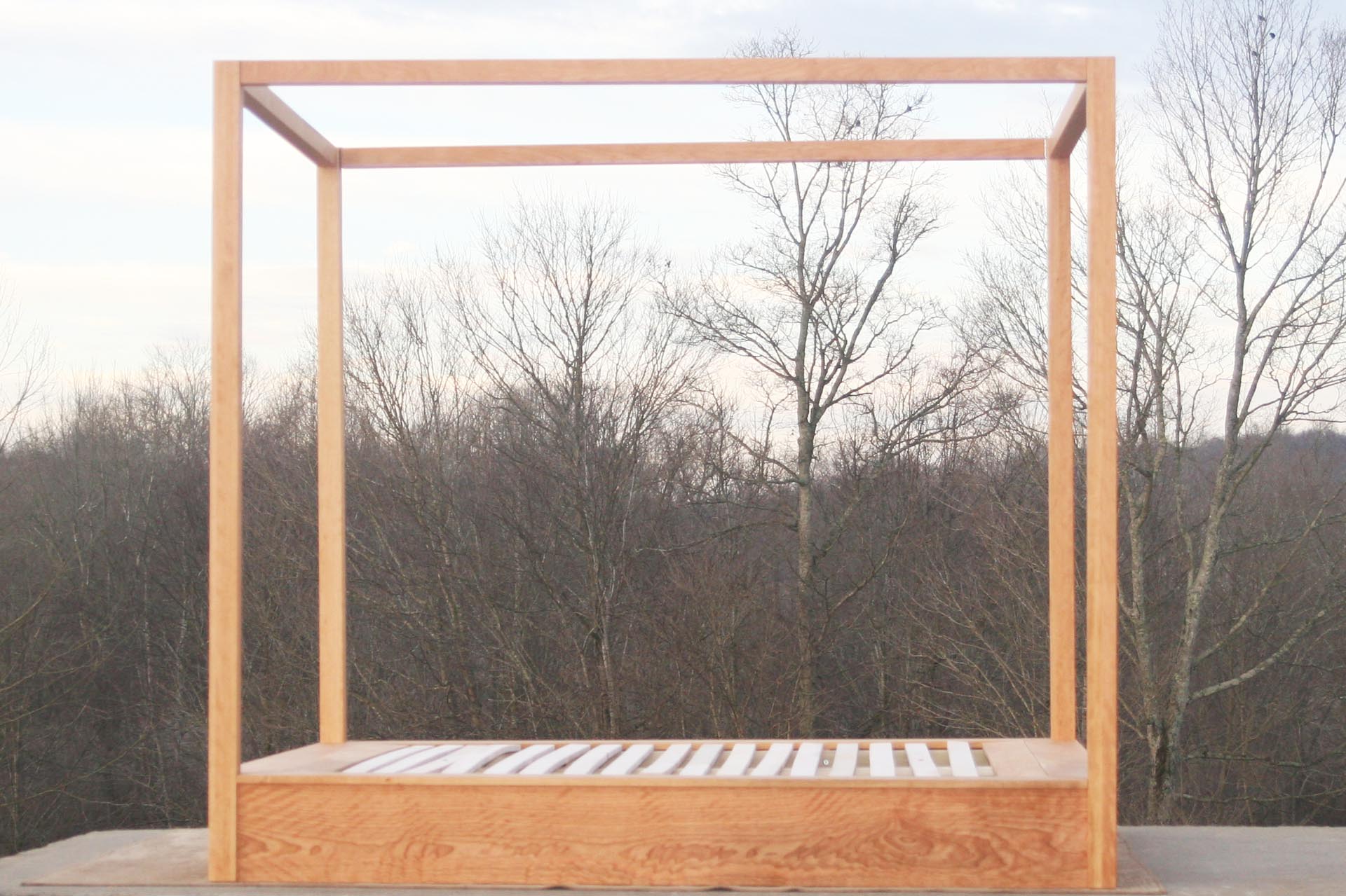 Modern canopy bed with wide platform and large rails side view