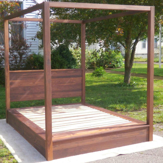 low platform bed with headboard and square rails angled view