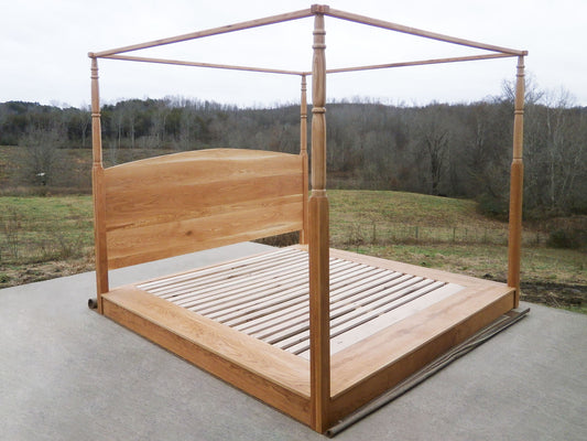 natural hardwood Low Base Canopy Bed with turned posts and arched headboard