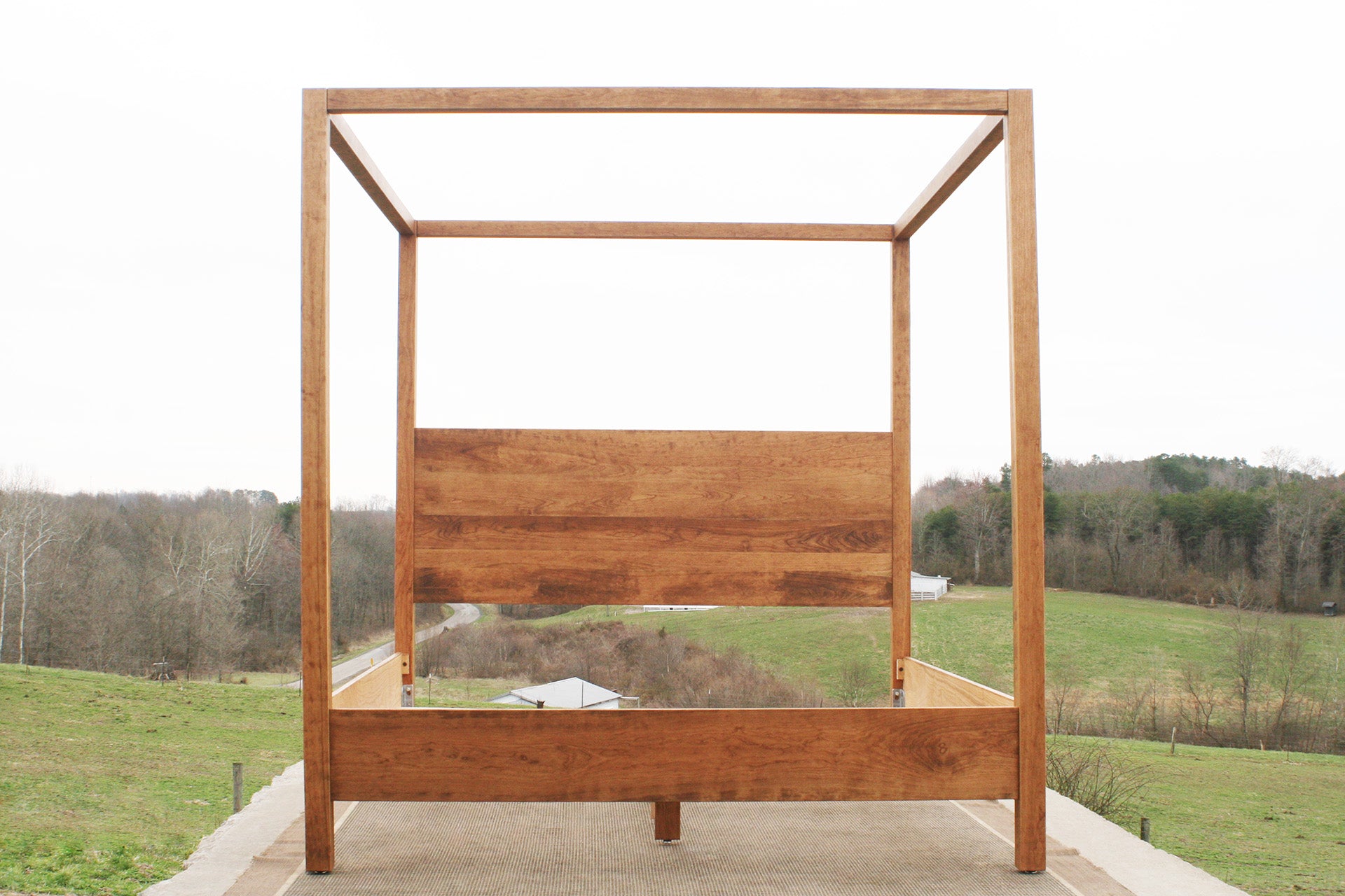 front view solid hardwood Canopy Bed with a square headboard