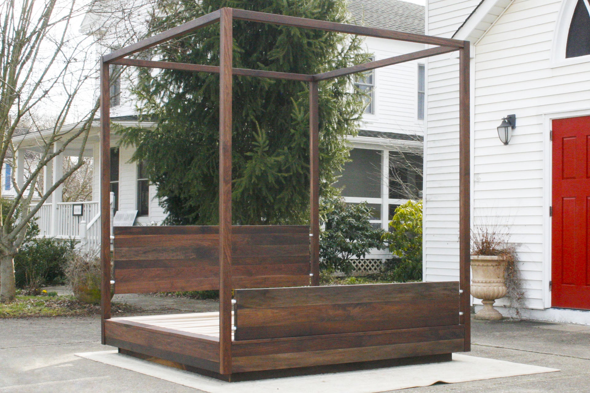 angle view of solid hardwood Full canopy Bed with suspended headboard