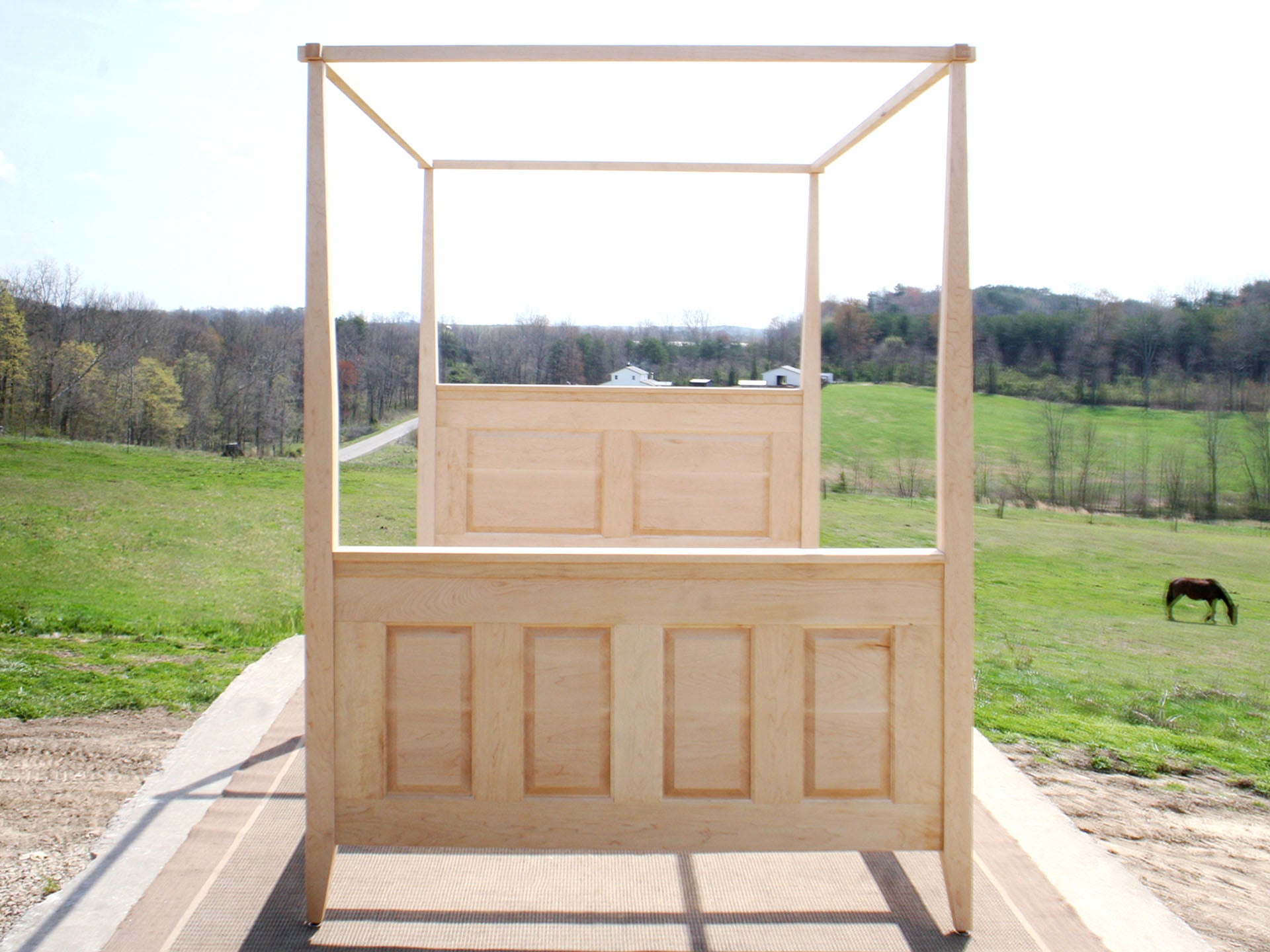 front view wood Canopy Bed with panels and tapered posts