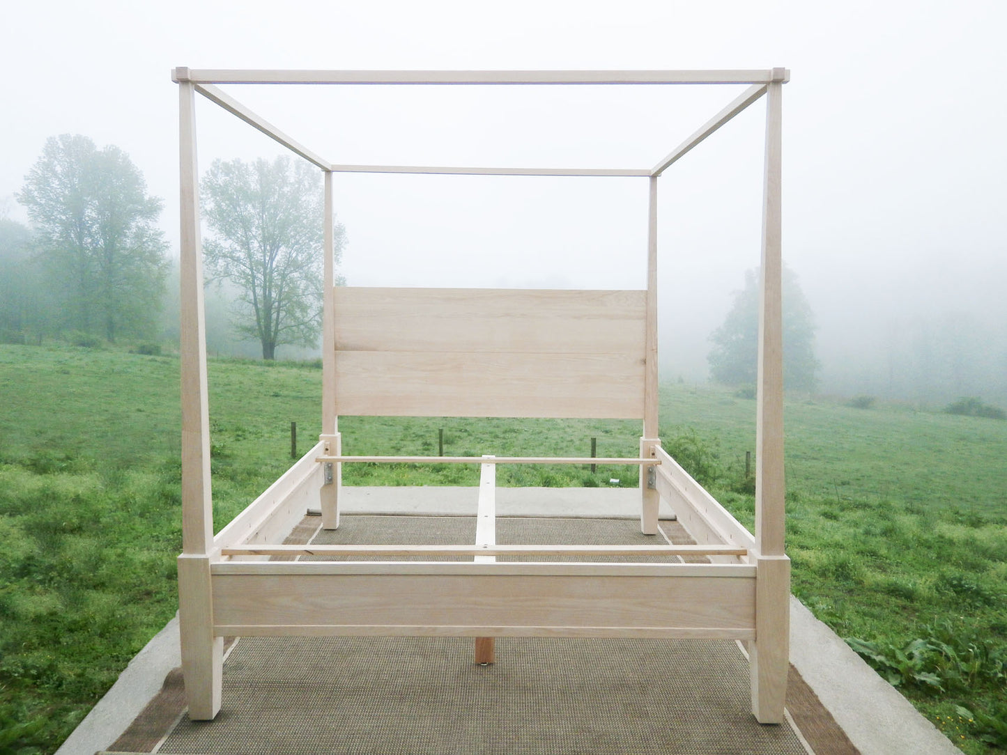 front view natural hardwood Canopy Bed with straight posts and side rails