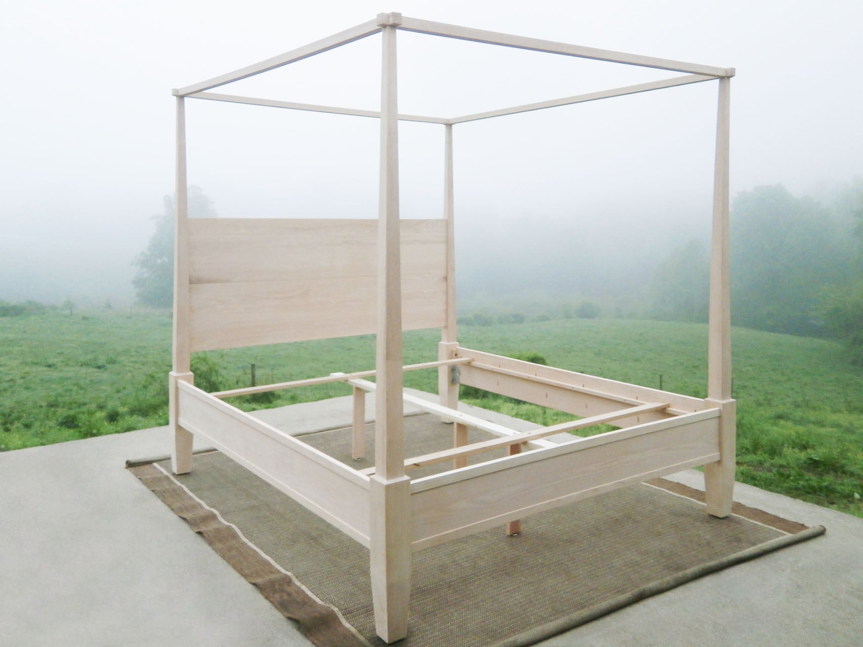 front angled view natural hardwood Canopy Bed with straight posts and side rails