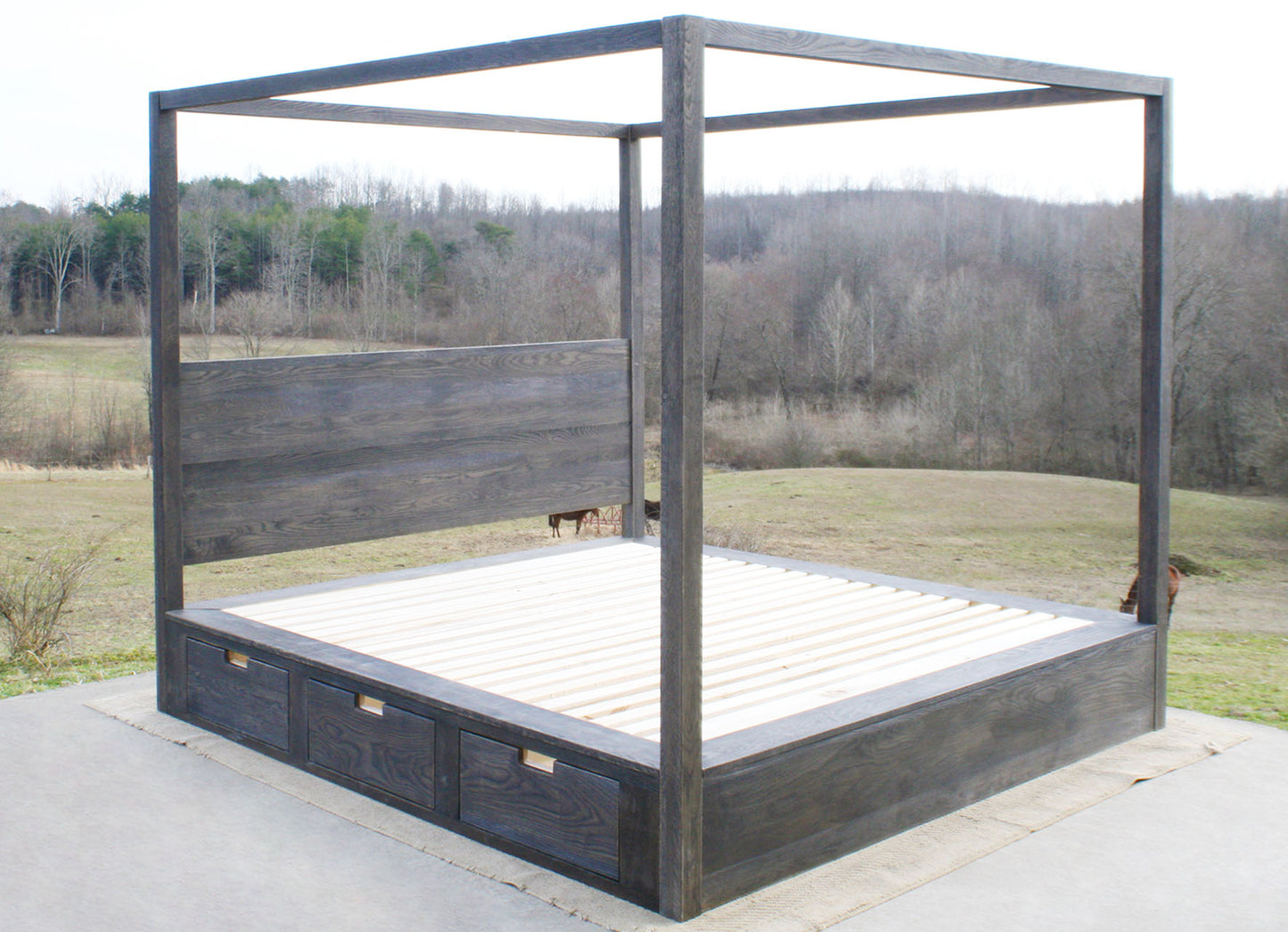 wood natural Canopy storage bed with 6 drawers