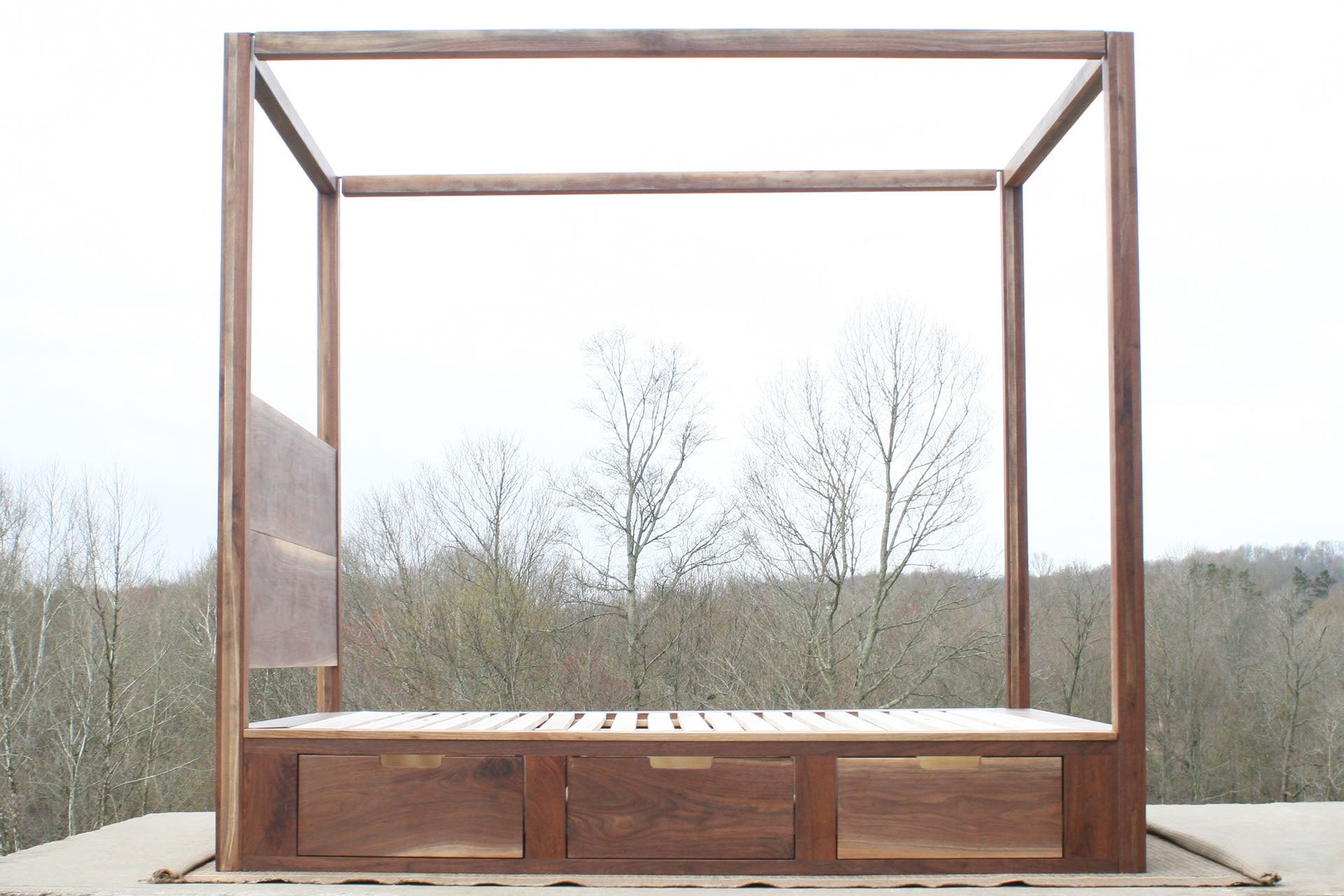 side view natural Storage canopy bed with headboard and drawers