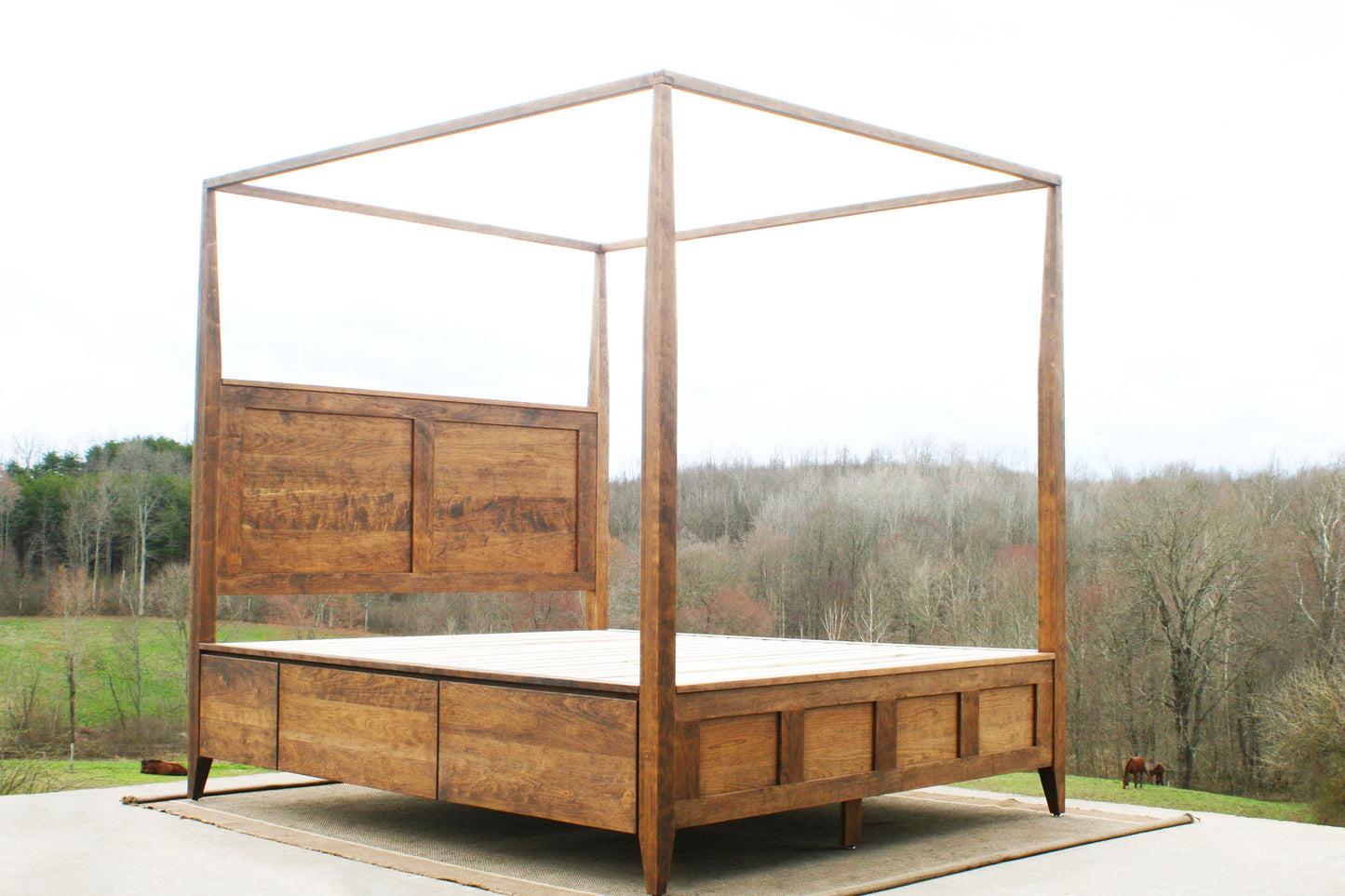 natural hardwood canopy bed with storage