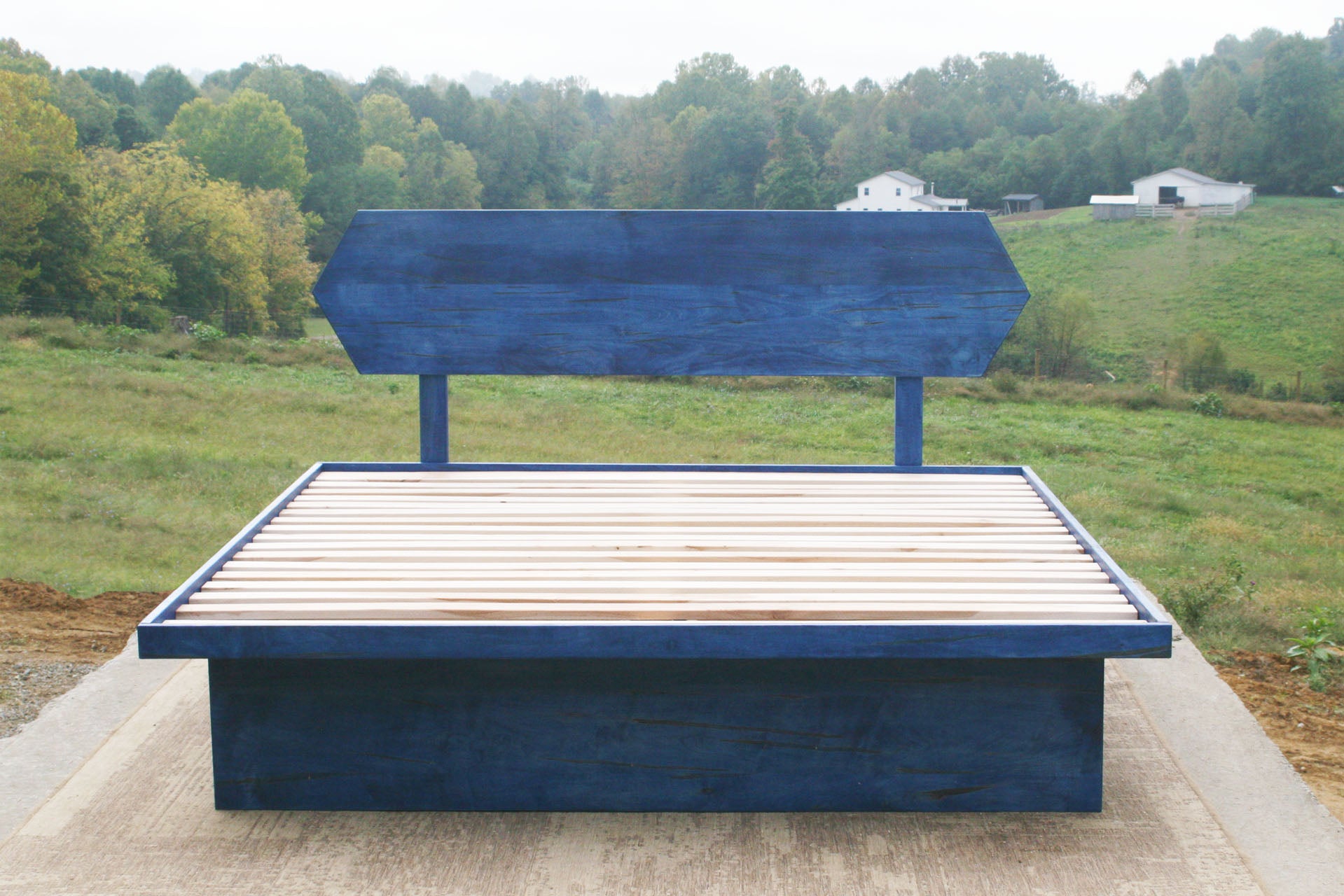 front view platform bed with 6 drawers with blue stain