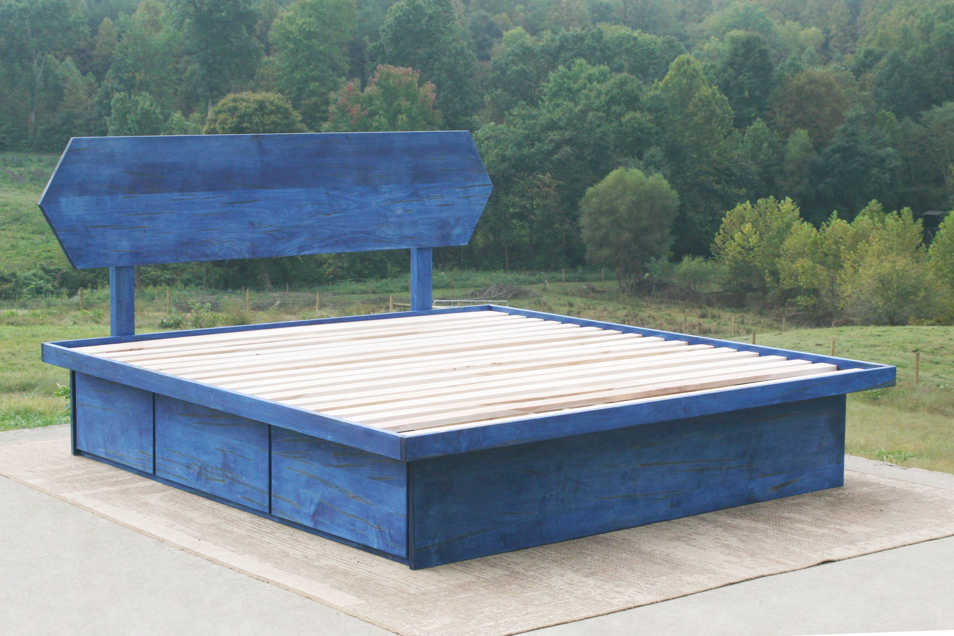 platform bed with 6 drawers with blue stain angled bed
