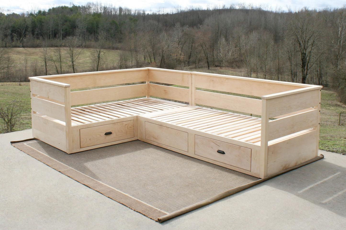 L shape Day Bed with storage drawers front view hardwood