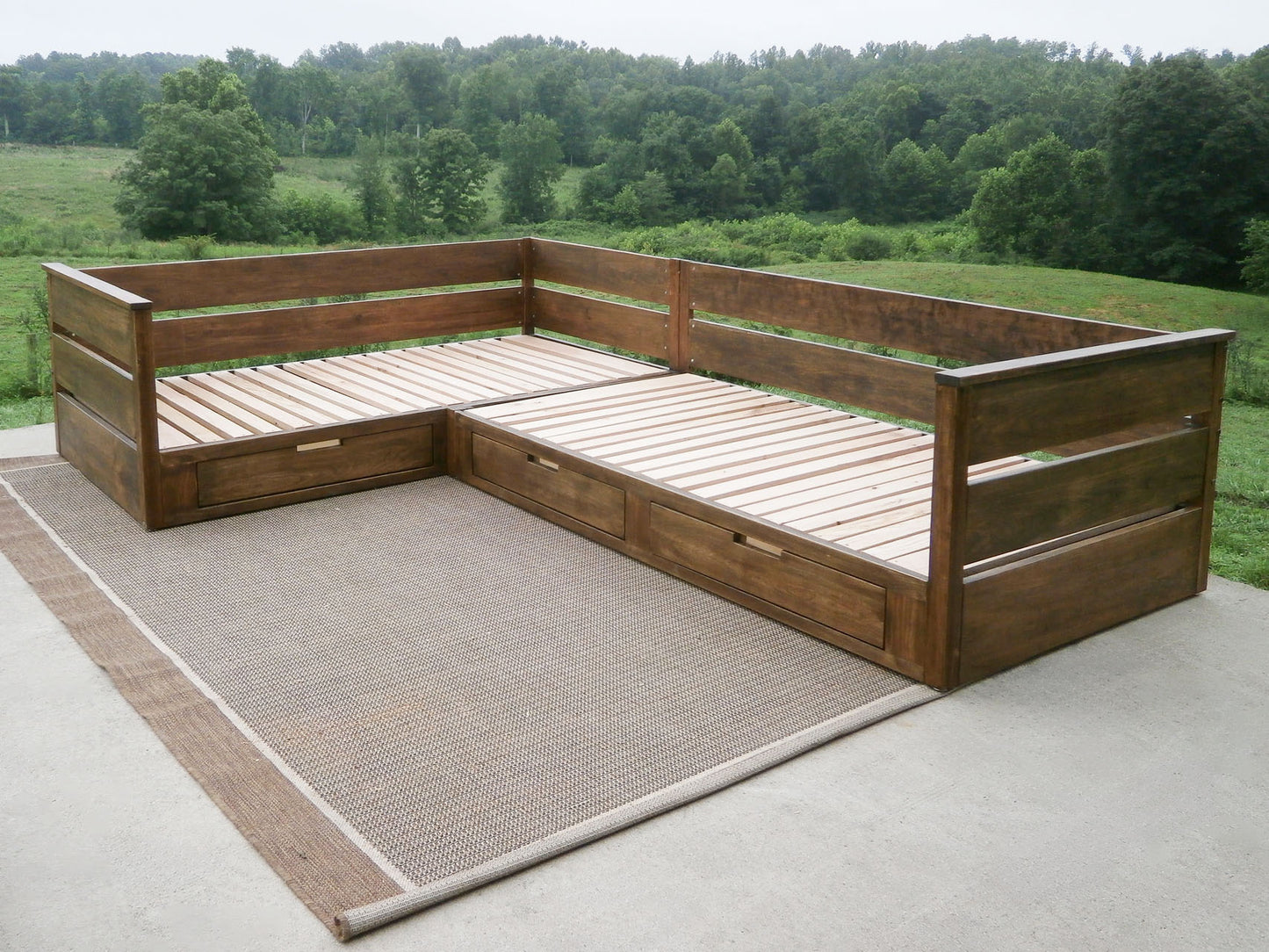 L shaped daybed with storage walnut side angle view
