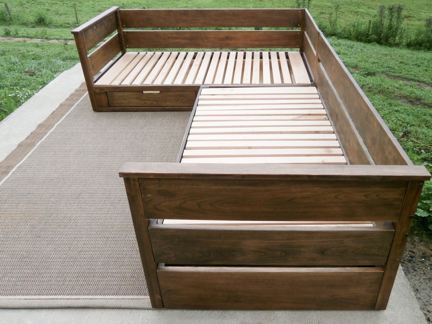L shaped daybed with storage walnut side view