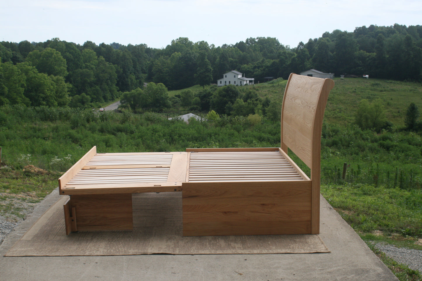 3-Function Trundle Bed with Sleigh Headboard NtRnS1s - Twin Size with Twin Trundle, Red Oak wood with Stain