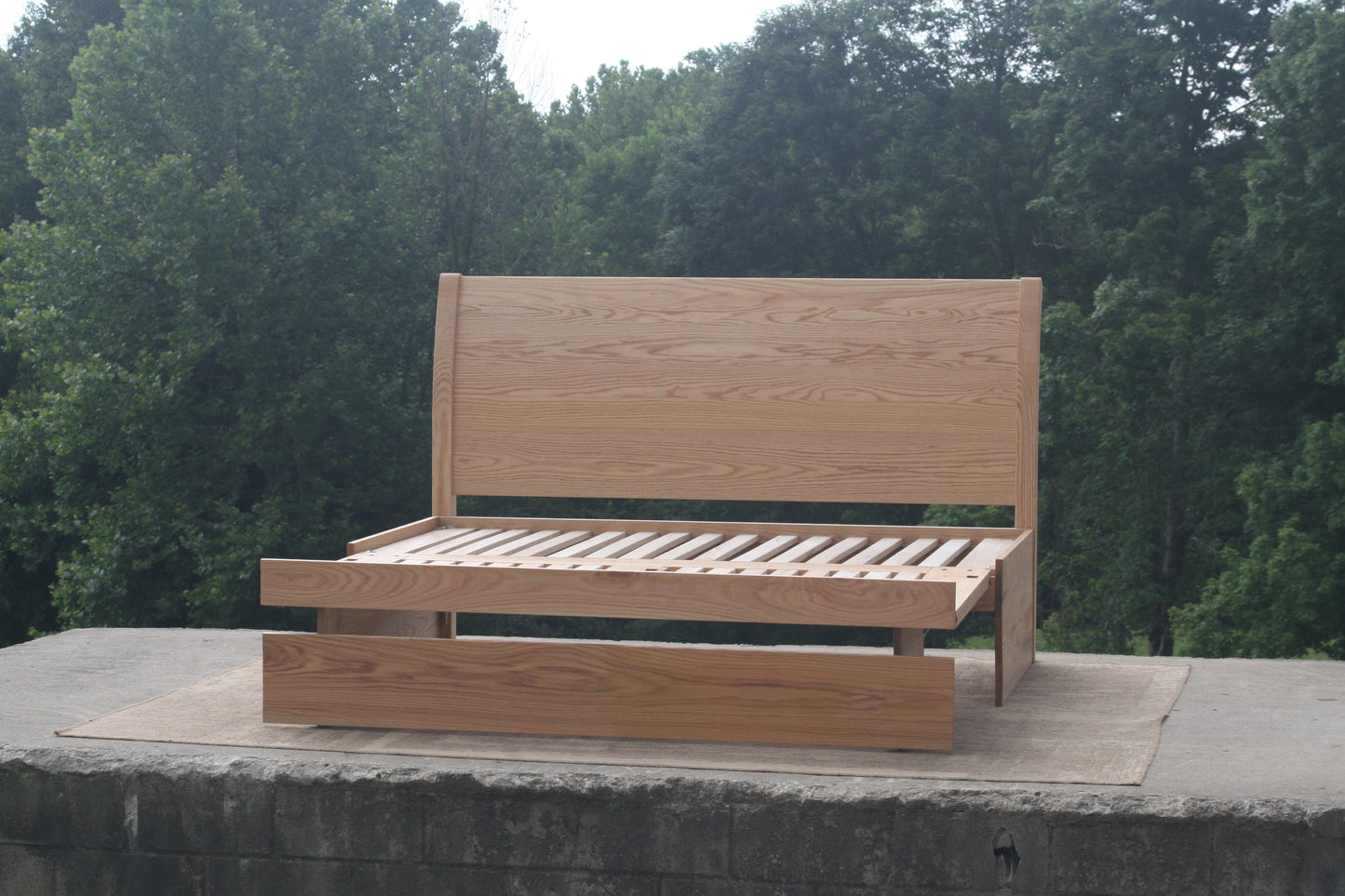 3-Function Trundle Bed with Sleigh Headboard NtRnS1s - Twin Size with Twin Trundle, Red Oak wood with Stain