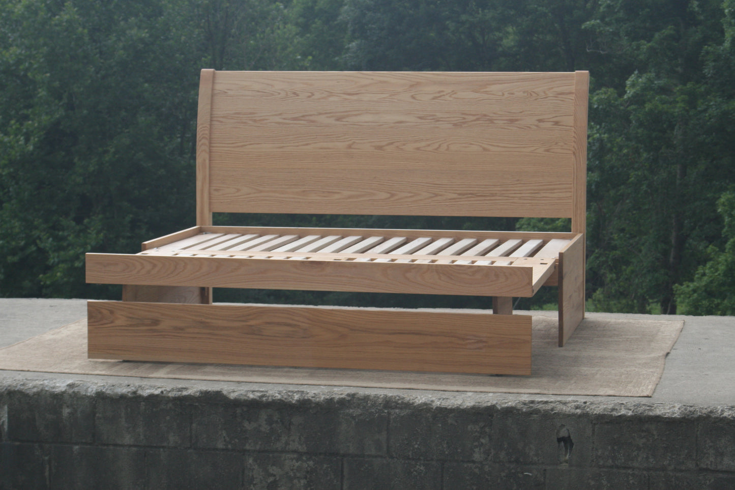 3-Function Trundle Bed with Sleigh Headboard NtRnS1s - Twin Size with Twin Trundle, Red Oak wood with Stain