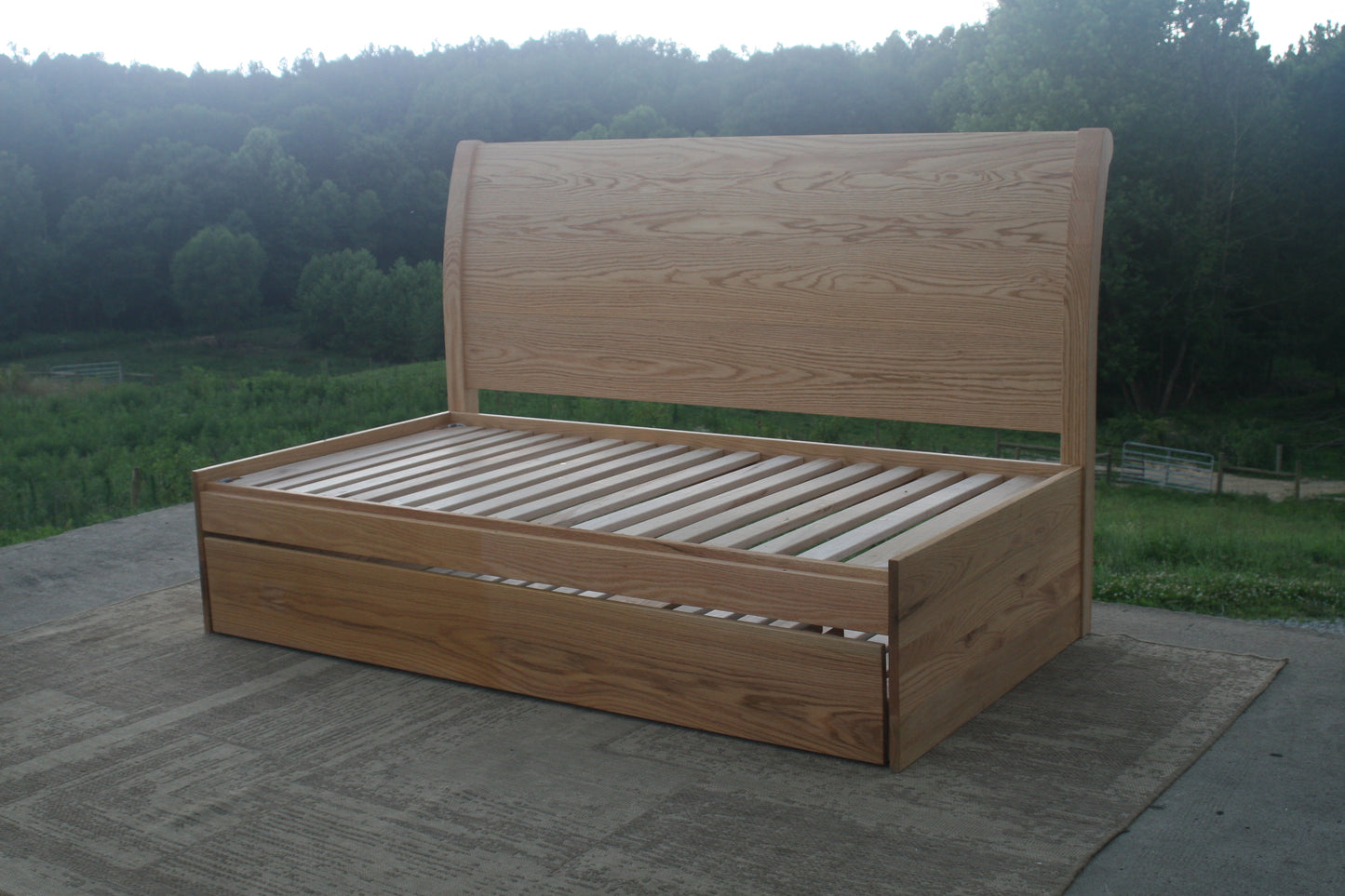 3-Function Trundle Bed with Sleigh Headboard NtRnS1s - Twin Size with Twin Trundle, Red Oak wood with Stain