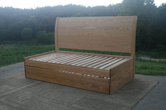 3-Function Trundle Bed with Sleigh Headboard NtRnS1s - Twin Size with Twin Trundle, Red Oak wood with Stain