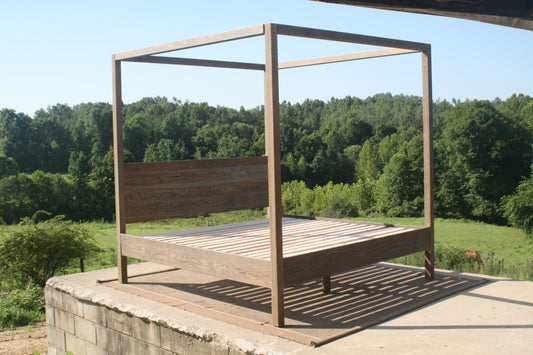 Hardwood Canopy Bed CbRnV6 - King Size, White Oak with Grey Stain