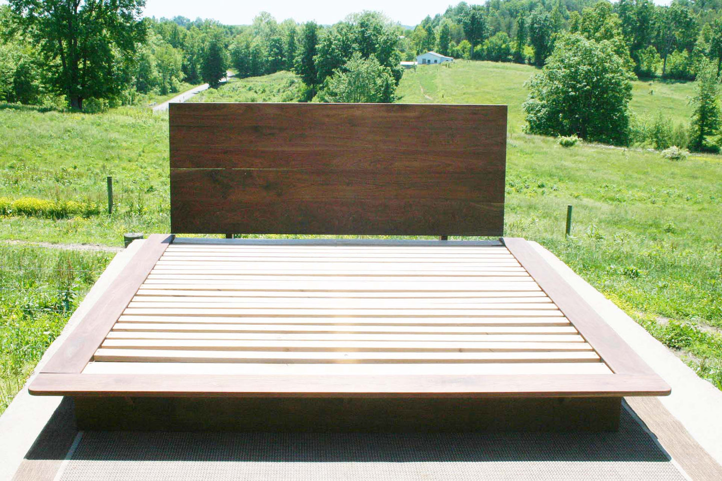 walnut slanted headboard platform bed front view