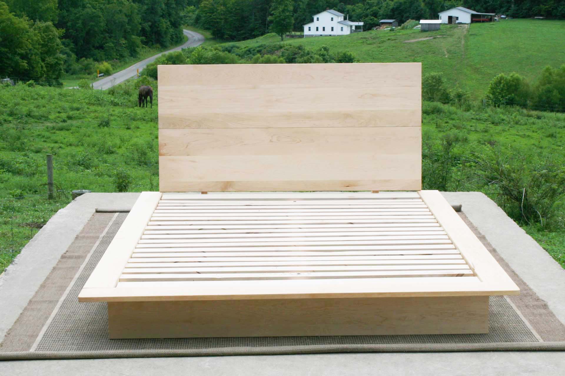front view natural slanted headboard platform bed