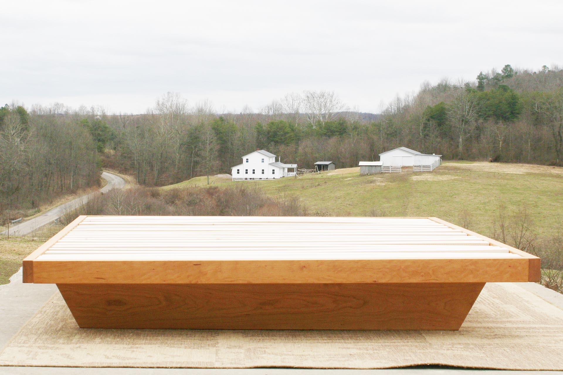 cherry wood low platform bed frame front view
