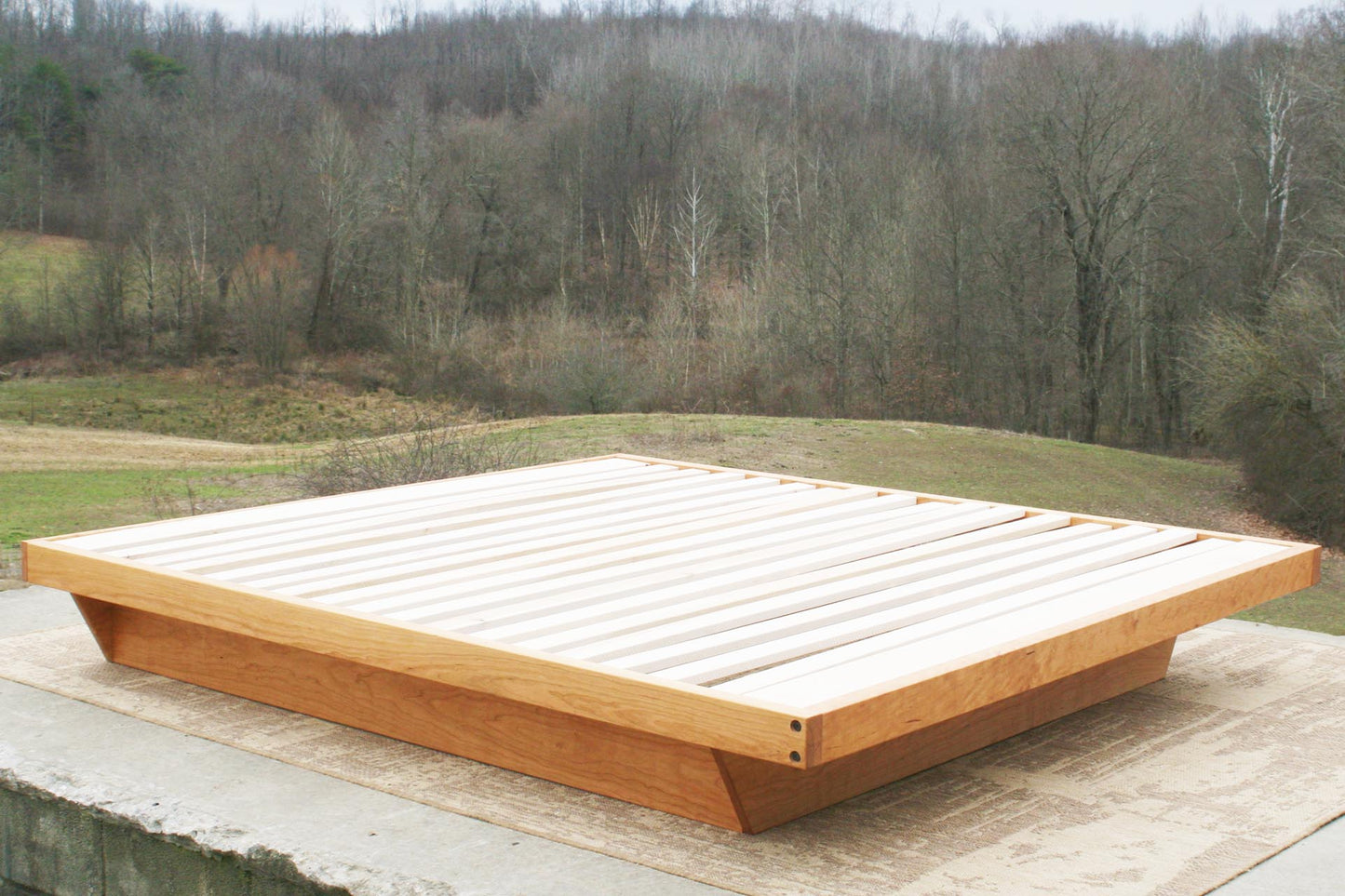 custom cherry wood low platform bed frame top angle view