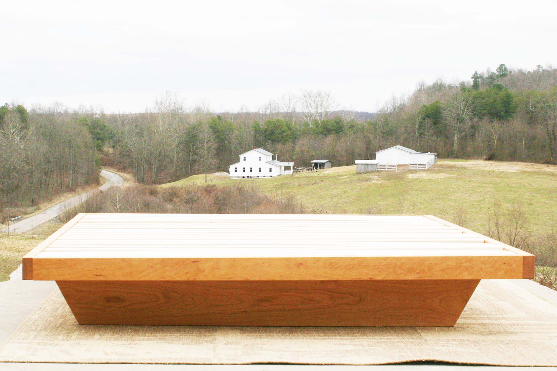 cherry wood low platform bed frame front view