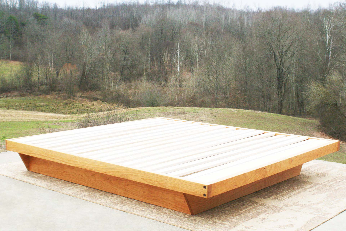 custom cherry wood low platform bed frame top angle view