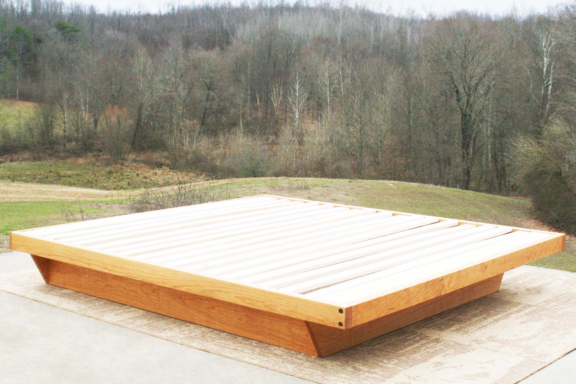 custom cherry wood low platform bed frame top angle view