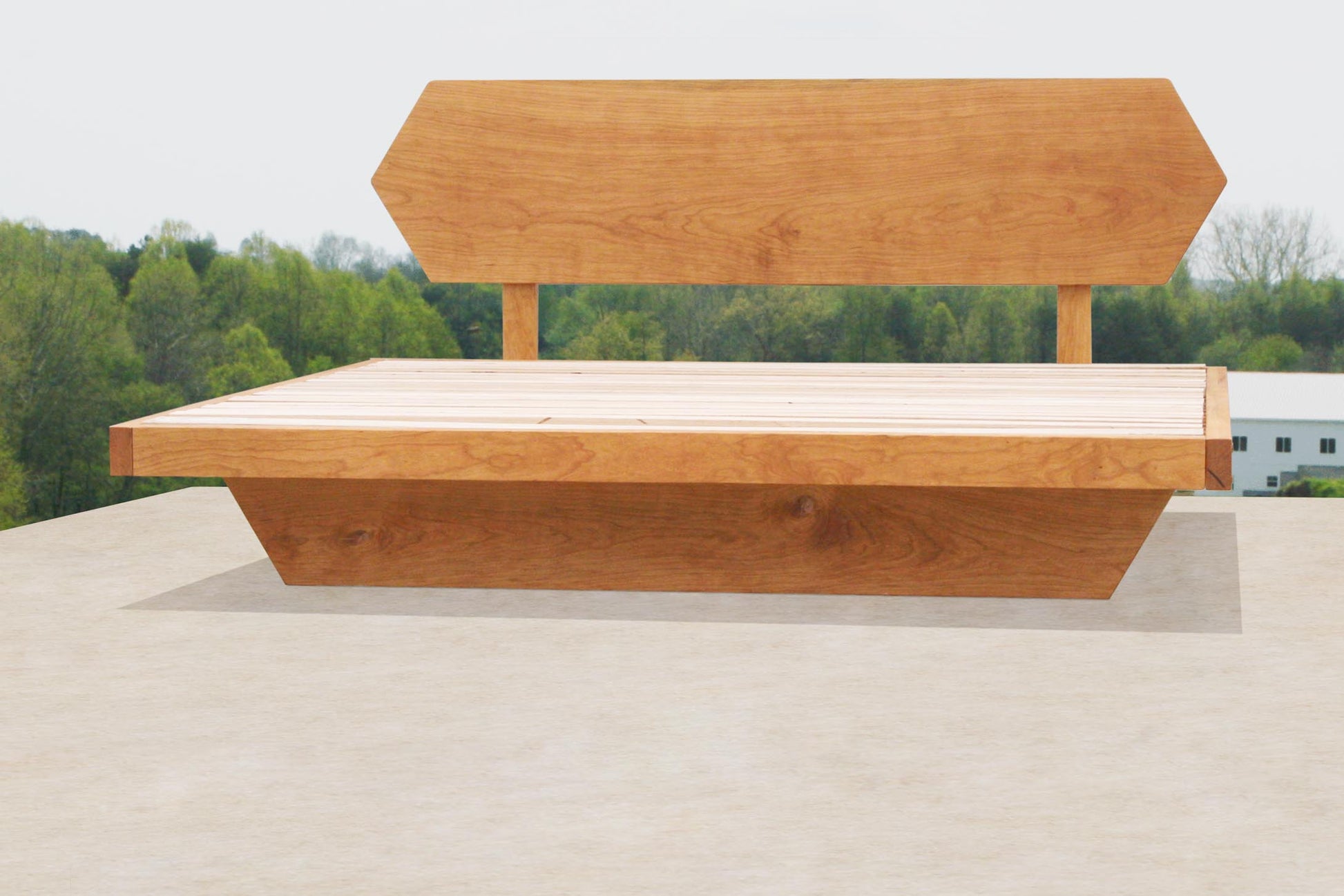 Low Platform Bed with headboard and angled base frame front view
